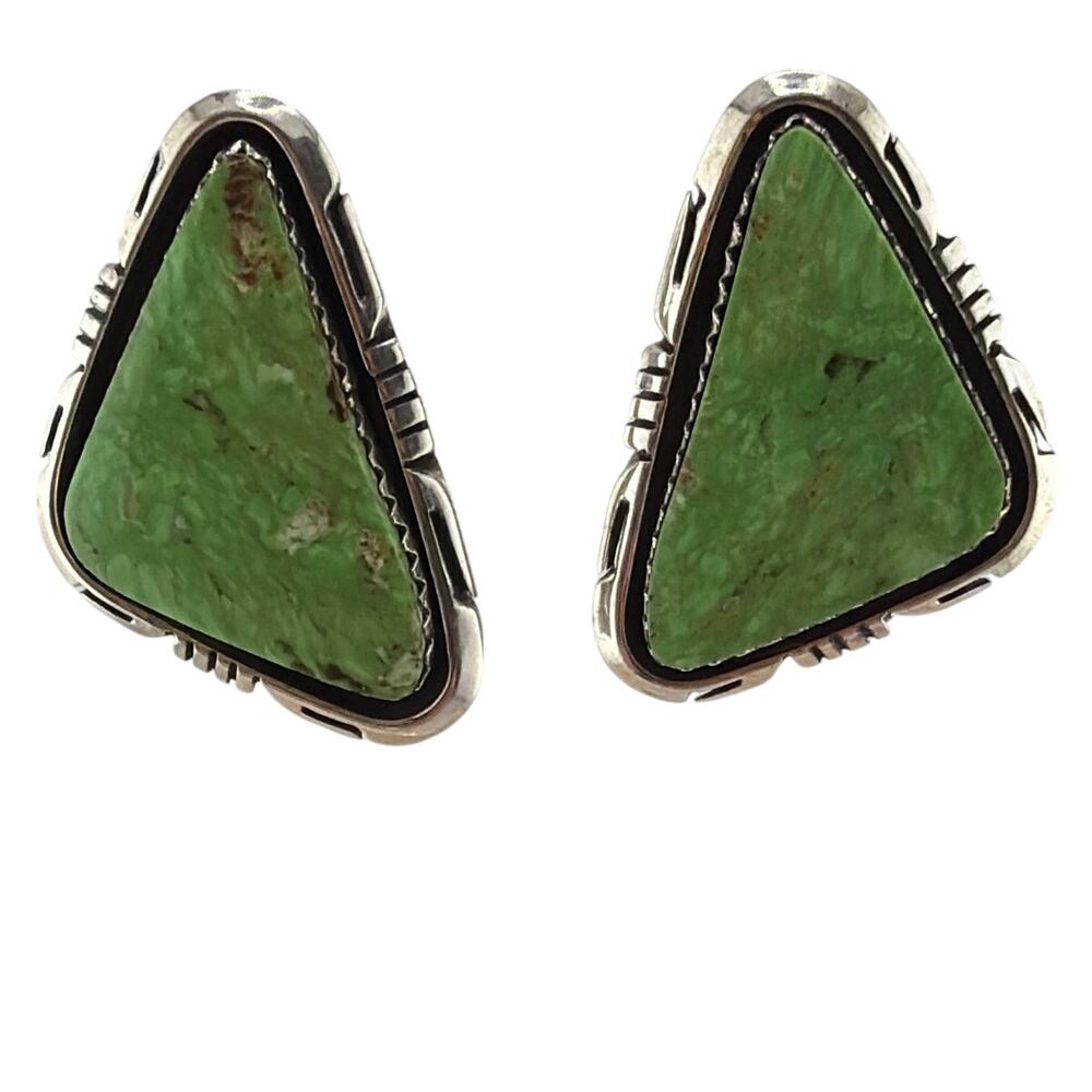 Vintage Navajo Sterling Silver and Green Gaspeite Earrings by Elouise Kee